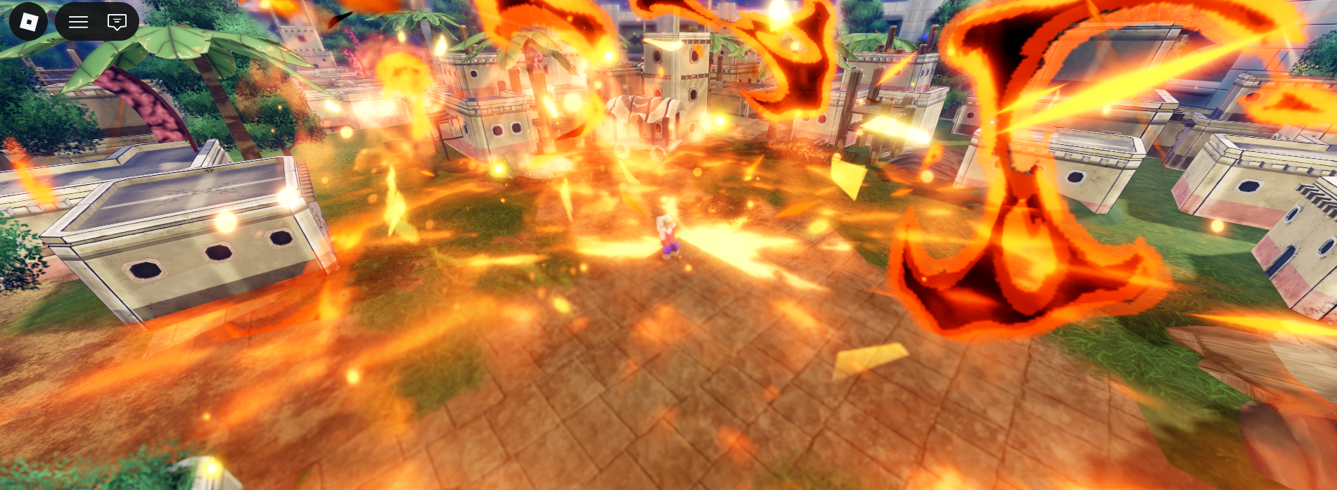 Wide Roblox arena shot filled with orange flame and slash VFX