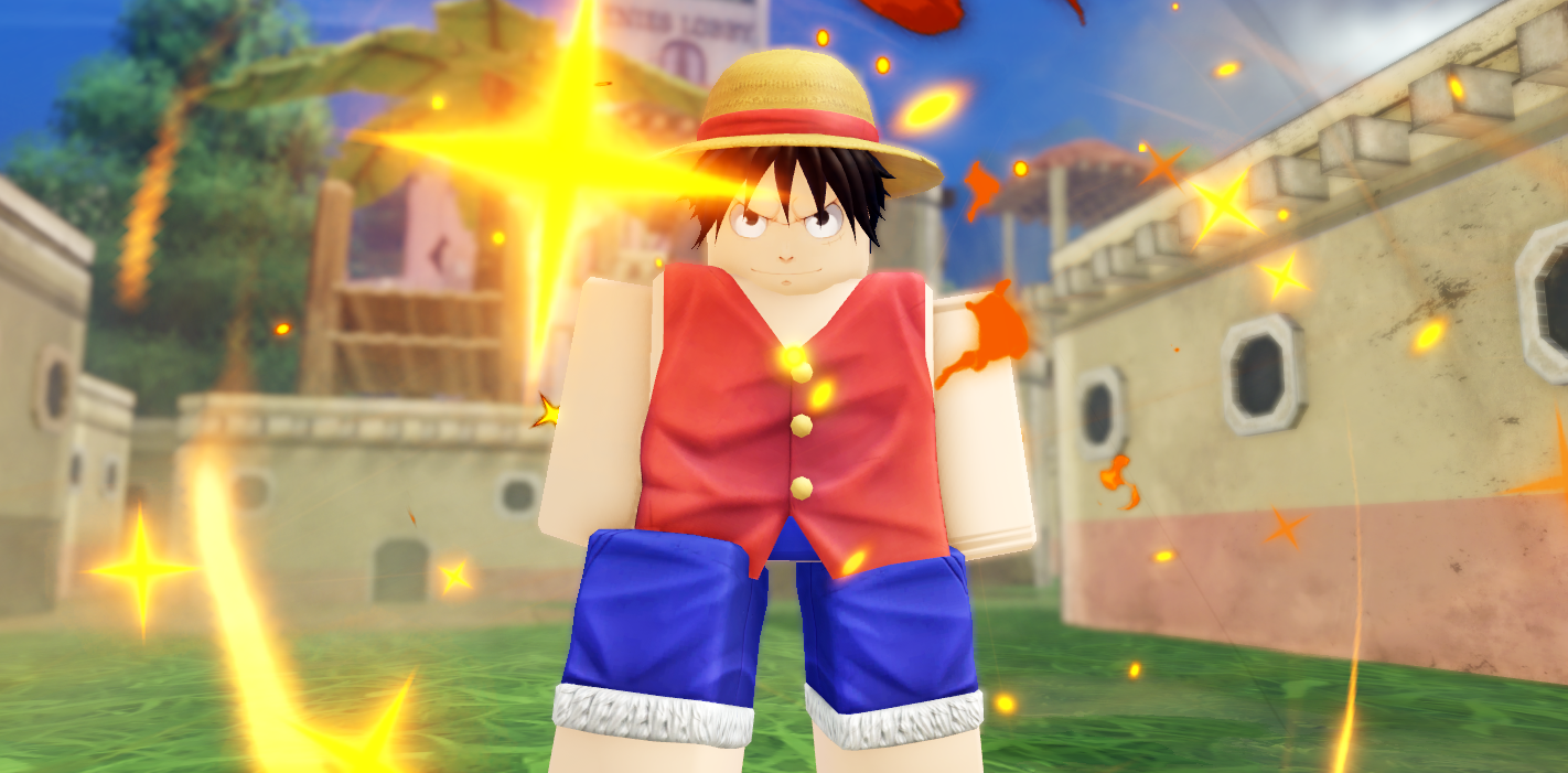 One Piece inspired Roblox character with bright yellow impact VFX