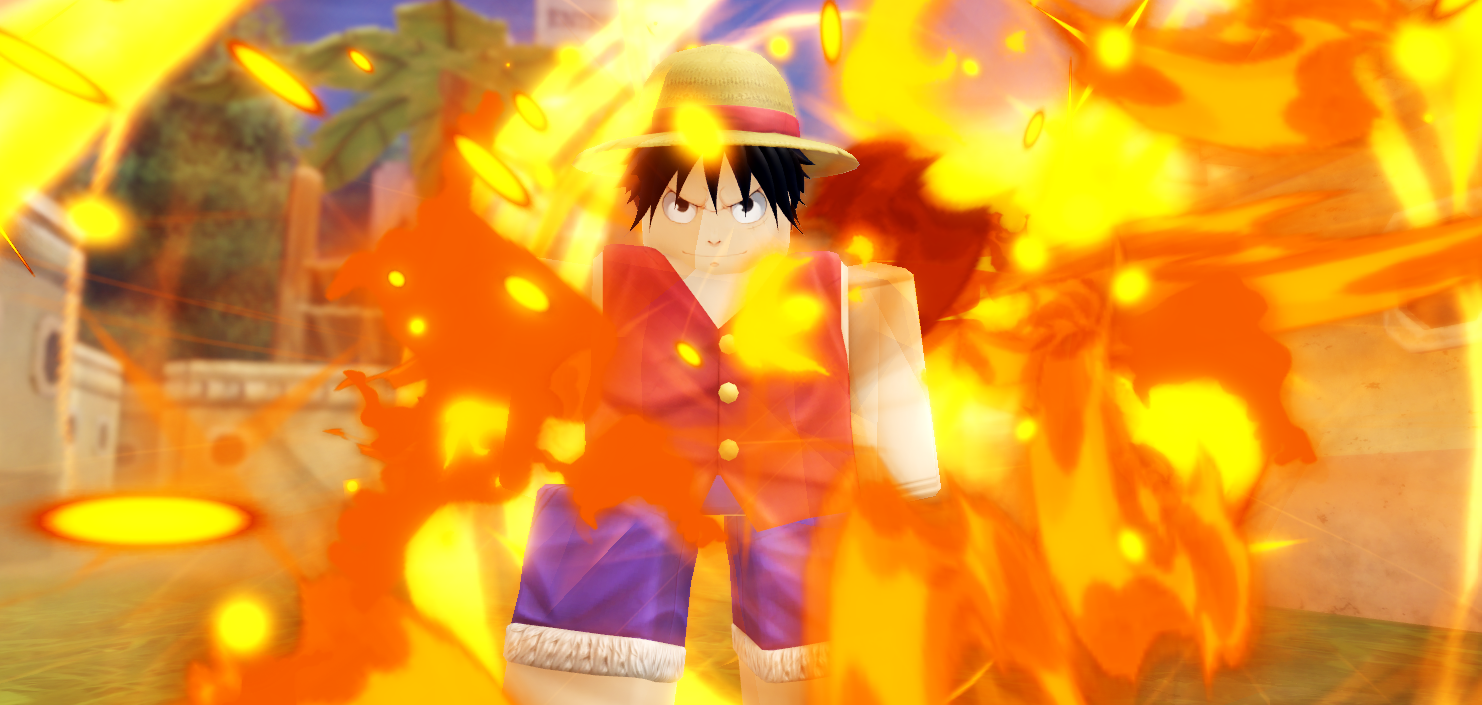 One Piece inspired Roblox character inside a large orange fire burst
