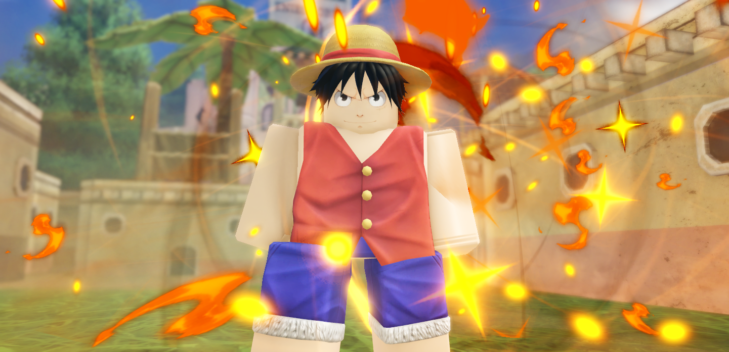 One Piece inspired Roblox character surrounded by orange flame particles