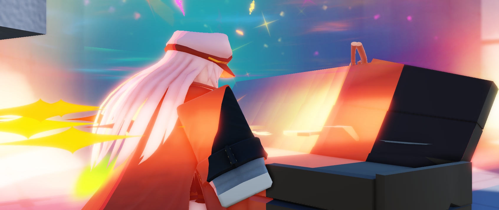 Character facing a glowing orange reward reveal with colorful particles