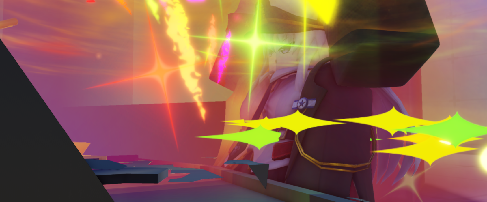 Green and yellow starburst effects around an unboxing character
